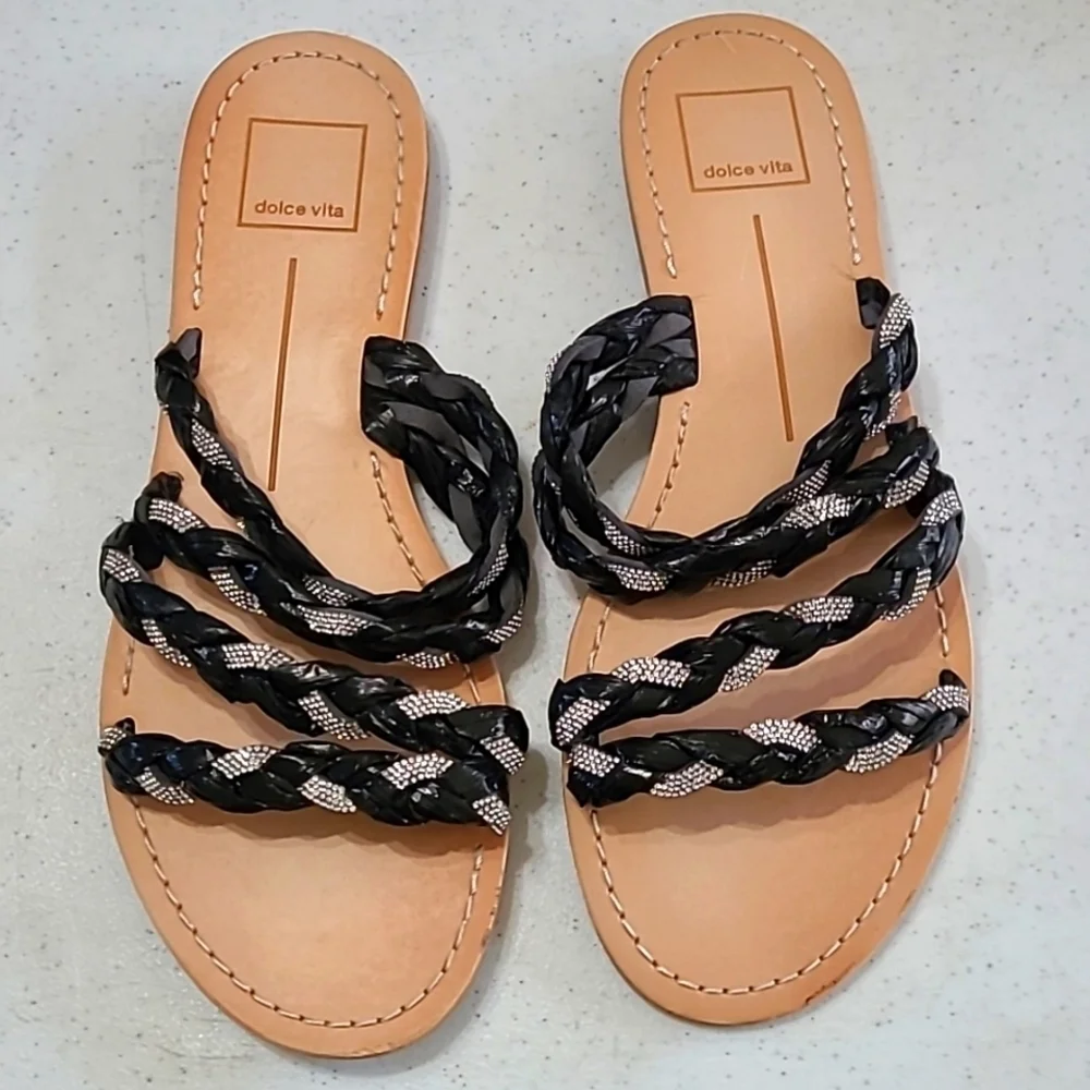 Dolce Vita black & silver woven strap slides size 8